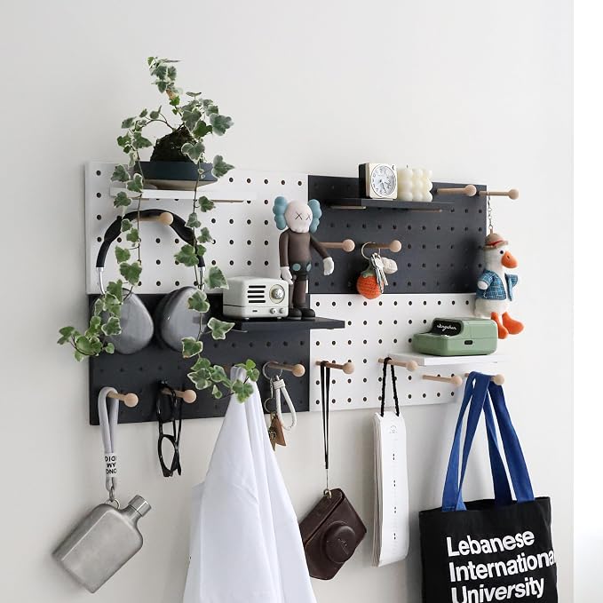 Wooden Pegboard Accessories Set: Modular Wall Hooks & Shelf for Garage, Office & Home Organization(Black Colored Finish-B) - Image 7