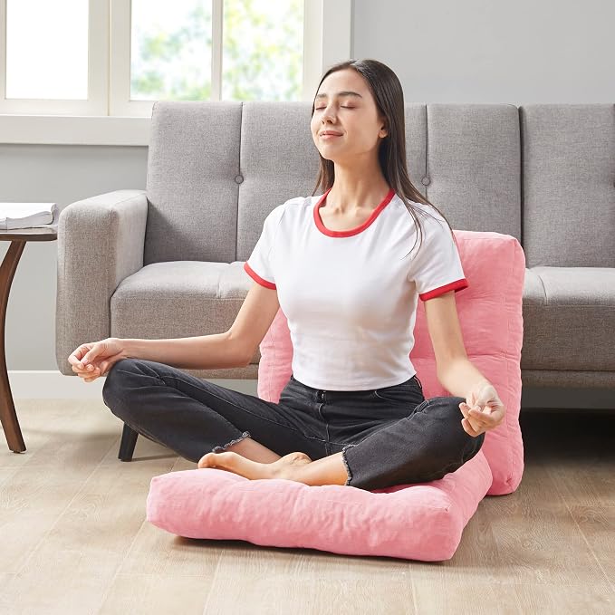 Floor Pillows Set of 2, Large Meditation Cushion for Adults, 22 Inch Square | Reading nook & office use, Tatami seating, Corduroy cover, 3.5 in thick, Shredded memory foam fill, Pink yoga pad - Image 6