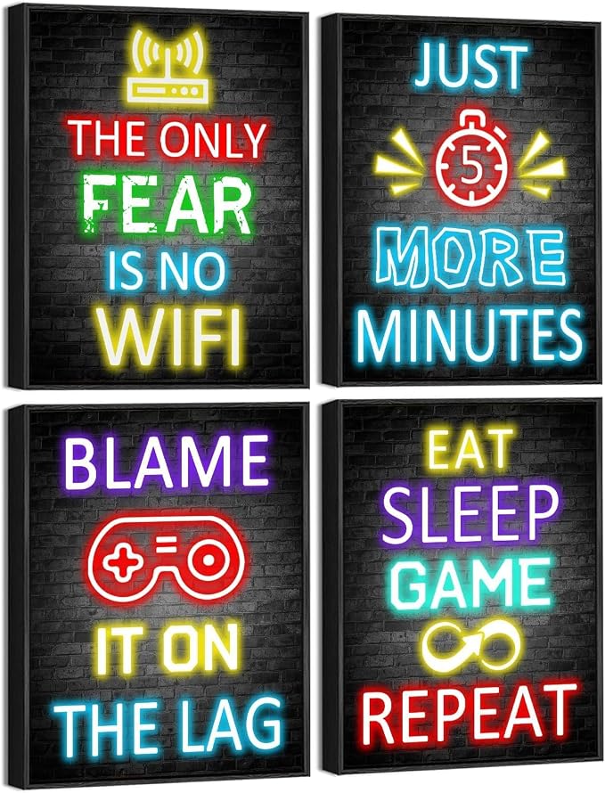 KUVIOKE Video Gamer Room Decor for Teen Boys Gaming Wall Art Gamer Neon Sign Teenage Bedroom Decor Ready to Hang Set of 4, 8x10in (Framed) by KUVIOKE