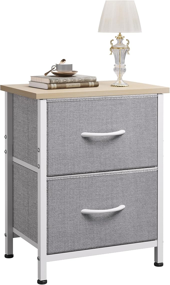 WLIVE Night Stand, Gray Nightstand with 2 Fabric Drawers, Small Dresser for Bedroom, Closet, College Dorm, End Table Side Furniture, Wood Top, Light Grey by WLIVE