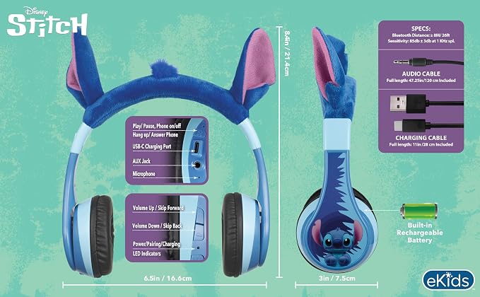 Disney Stitch Bluetooth Headphones for Kids, Wireless Headphones for School - Image 6