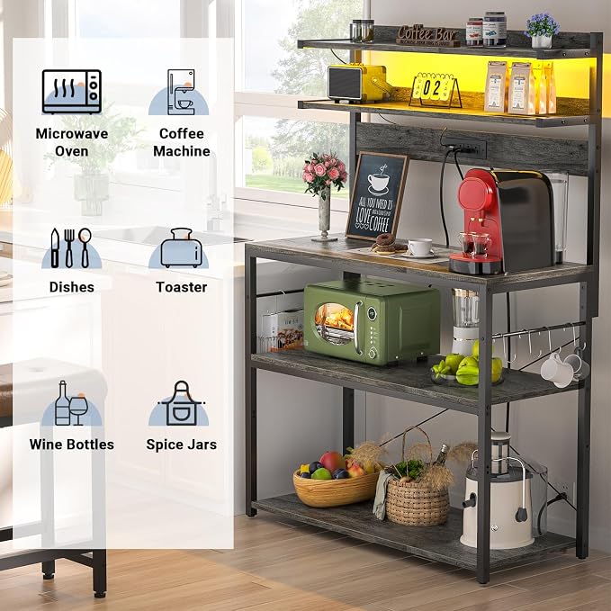 Aheaplus Bakers Rack with Power Outlet & RGB LED, 31.5 In Coffee Bar Table - Image 5