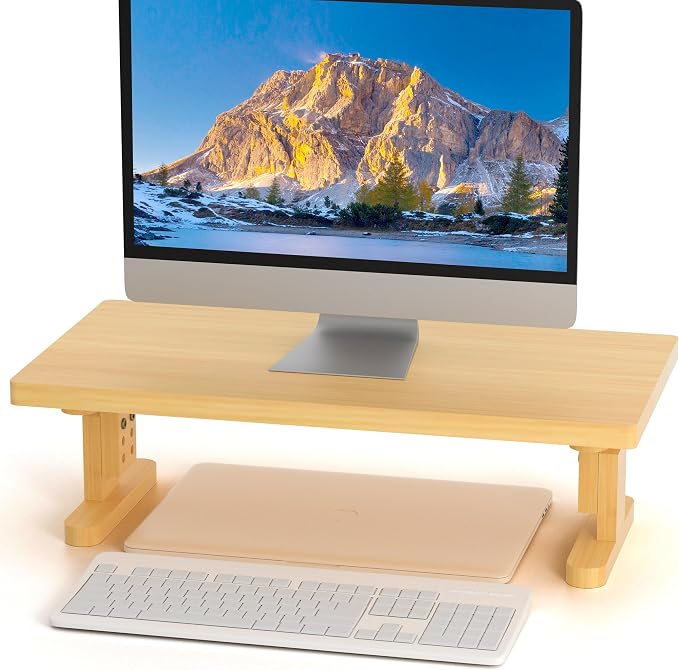 Bamboo Monitor Stand Riser for Desk with 4-Level Height Adjustment | Ergonomic Computer Riser, Desktop Organizer Shelf, Sturdy 100 lbs Support, Height Adjustable Laptop Stand, Warp-Proof, Large by Unknown