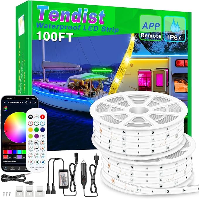 100FT Boat Lights LED Waterproof, 12V Marine Light Strip for Boat, RGB Marine LED Strip 12V with App & Remote for Pontoon Interior and Exterior, Night Fishing Lighting for Jon, Yacht, Kayak, Deck by Tendist