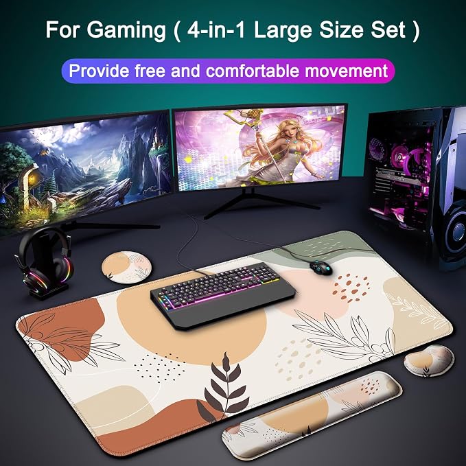 4 in 1 Mouse Pad and Keyboard Wrist Rest,Large Desk Mat,Coaster Set-Leaves - Image 8