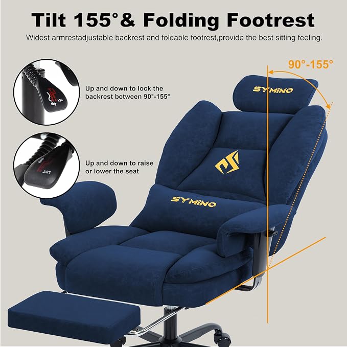 Symino Gaming Chair with Foot Rest, Unique Up/Down Armrests, PU Leather Ergonomic High Back Chair, 150° Recline Solid Color Computer Desk Chair, Blue - Image 6