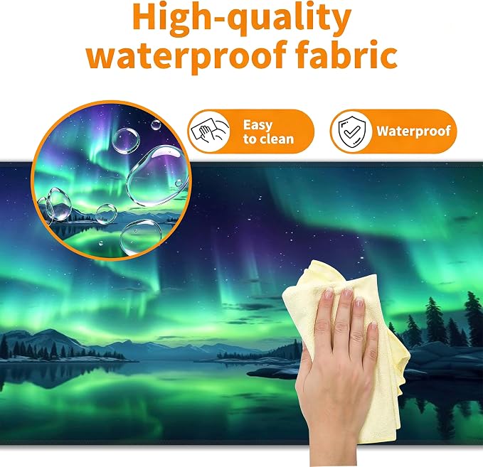 Green Aurora Desk Mat, XXL 35.4"x15.7" Large Mouse Pad, Aesthetic Extended Gaming Mouse Mat,Non-Slip Rubber Base Waterproof with Stitched Edges for Gaming Office Home Decor - Image 4