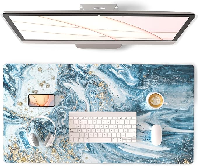 QiyI PU Leather Large Mouse Pad, Office Decor, 31.5" x 15.7", Blue Marble | Desk Décor Accessories, Extended Size, Waterproof & Easy to Clean, Smooth Surface, Non Slip Desk Organization by QIYI
