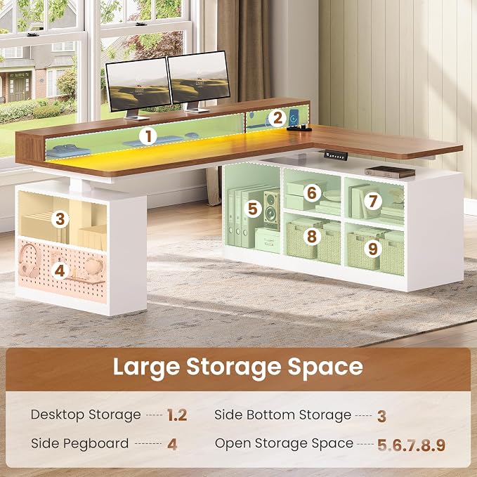 SEDETA L Shaped Electric Standing Desk, 63 inch Gaming Computer Desk with Storage Shelves and LED Lights, Height Adjustable Office Desk with Power Outlet and Pegboard, Brown Desktop - Image 4