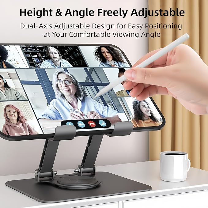 360° Rotatable & Adjustable Metal Tablet Stand for Desk, Foldable & Portable Tablet Holder, Compatible with iPad Pro/Air, iPhone & Switch, Universal Use for Office/Movie/Drawing/Gaming, White - Image 5