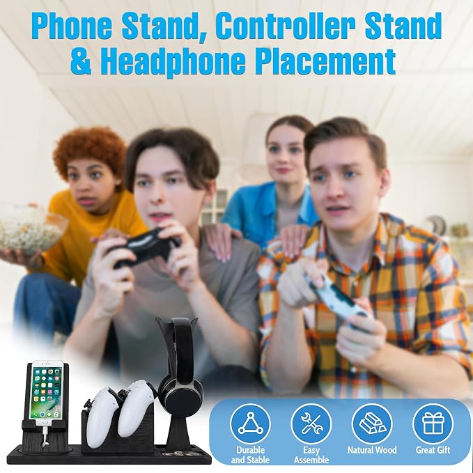 Unique Gift for Gamers, Game Room Decor. Unique Gaming Organizer with Headset Holder, Rotatable Phone Stand & Controller Stand. Wooden Gaming Gadget for Gaming Desktop, Streamer, Teenage Boy - Image 3