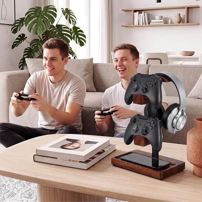 Headphone Stand with Controller Holder, Gaming Headset Stand for Desk, Walnut Headphone Holder Desk Organizer Gaming Accessories Gift for Gamers(Deep Walnut) - Image 4
