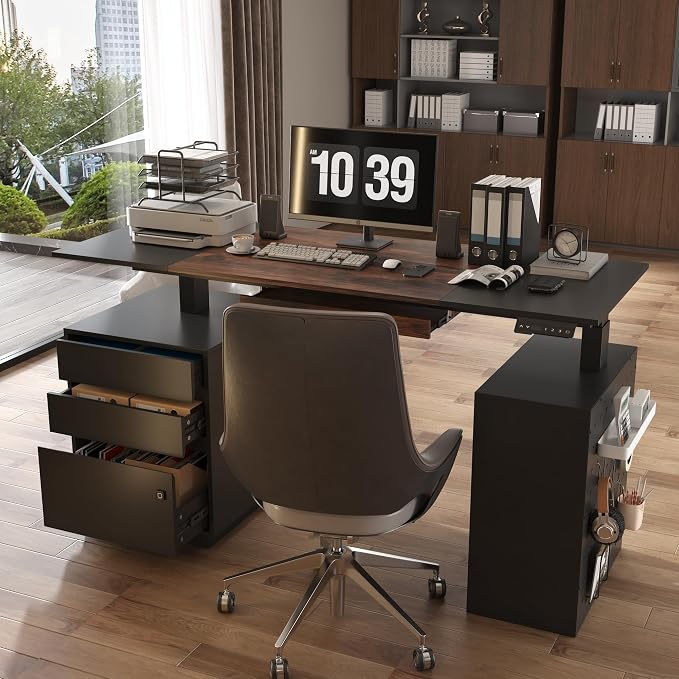 63" Electric Standing Desk with Lockable Drawer, Pegboard and Keyboard Tray, Height Adjustable Stand up Desk with File Cabinet & Shelves, Home Office Computer Gaming Table, Black - Image 3