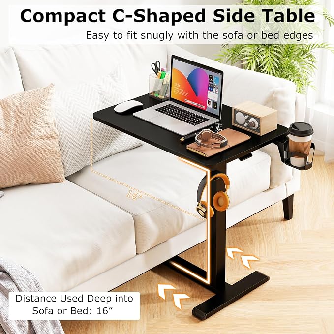 Tangkula Mobile Standing Desk, Pneumatic Height Adjustable Rolling Desk with Cup Holder & Headphone Hook, Overbed Table with Hidden Wheels, Laptop Computer Cart for Couch, Home, Office (Black) - Image 5