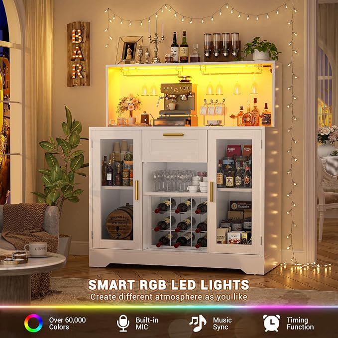 Unikito Coffee Bar Cabinet with RGB LED Light and Storage Hutch, White - Image 3