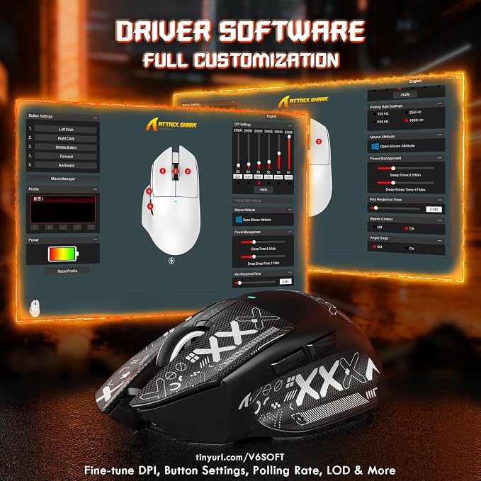 ATTACK SHARK V6 65g Superlight Wireless Gaming Mouse with Magnetic Charging Dock,BT/2.4GHz Wireless/Wired Mouse 1K Polling,PixArt PAW3311 Sensor,25000DPI,Tape,Office Gamer Mice for PC/Win/Mac(Black) - Image 8