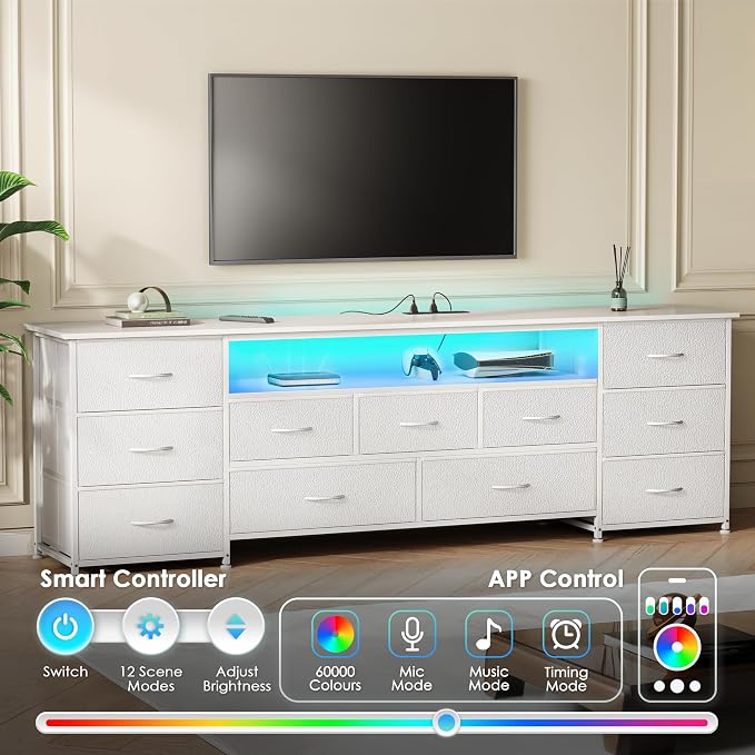 Huuger 70 Inch TV Stand for 75, 80 Inch TV, 11 Drawer Long Dresser with Power Outlets and LED Lights, Entertainment Center with Storage, White Dresser with PU Leather Surface - Image 4