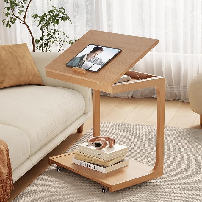 AQIMUELE Wooden C-Shaped End Table,Couch Table with Adjustable Desktop,Small Rolling Side Table with 2 Lockable Wheels 23.6" Width,Small End Table for Couch, Living Room,Bedroom (Natural) by AQIMUELE