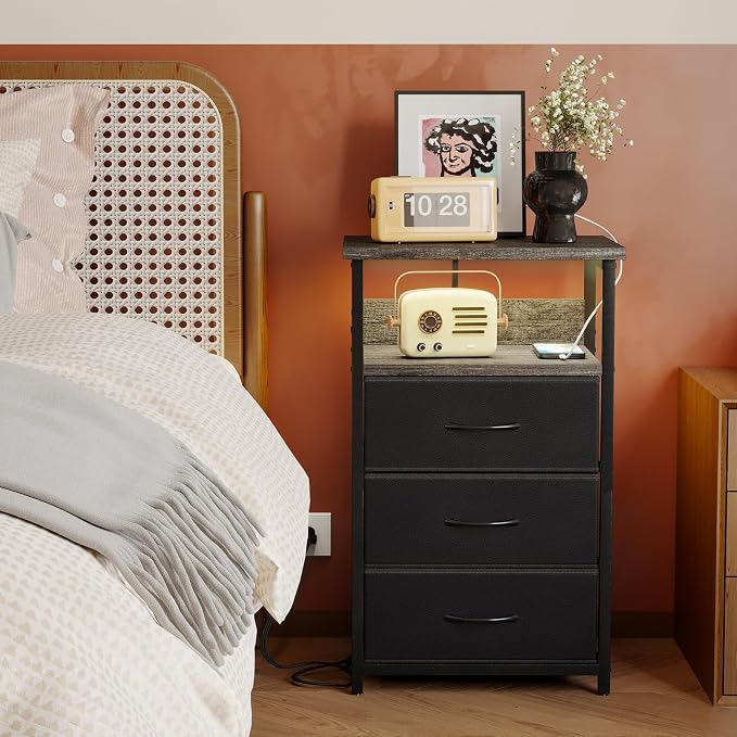 Fixwal Night Stand with 3 Fabric Drawers, Nightstand with Charging Station - Image 8