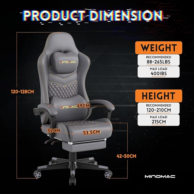 Gaming Chair,Big and Tall Gaming Chair 400lbs Office Chair with Footrest, 90-155° Recline & Removable Headrest Lumbar Support[Spring + 4D Sponge](Grey) - Image 3