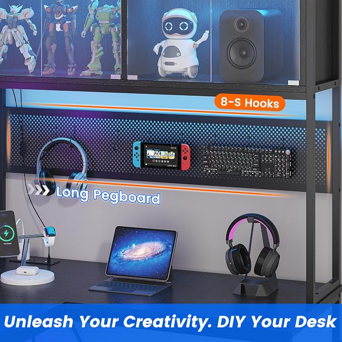 kepptory L Shaped Gaming Desk with 2 Drawers and Hutch, Home Office Computer Desk with Computer Stand and Pegboard, Corner Desk with Printer Desktop&Power Outlet, Black - Image 6