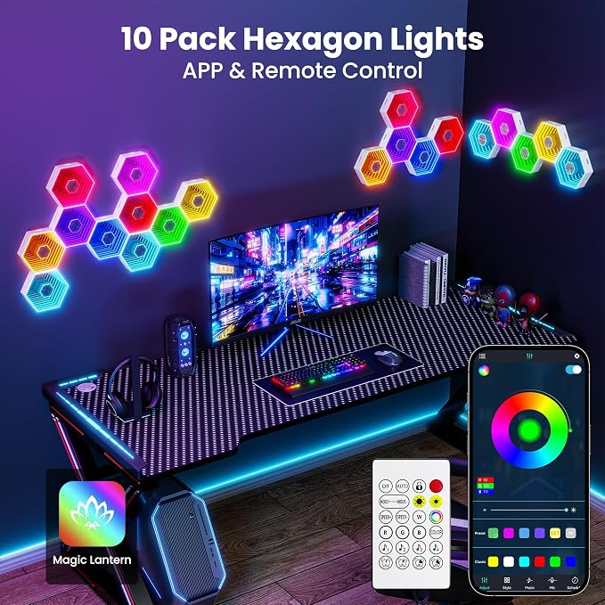 10 Pack Hexagon Led Lights, 90mm Smart Hexagon, Smart App RGB Gaming Led Light, with Remote Control & Music Sync Honeycomb Shape Hexagon Wall Lights for Bedroom, Living Room Wall - Image 2