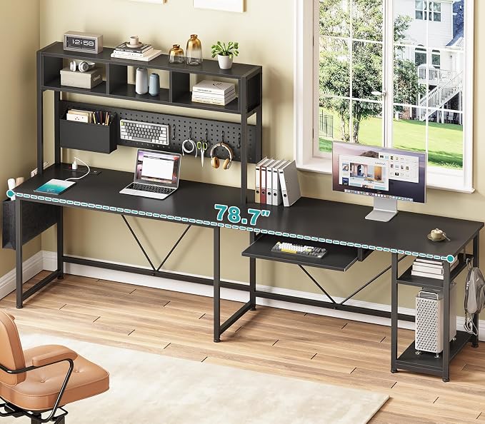 SEDETA L Shaped Gaming Desk with Hutch, 57.5” Reversible Corner Computer Desk with Storage Shelves, Gaming Desk with Pegboard, LED Lights, Power Outlet, Keyboard Tray and Storage Bag, Black - Image 2