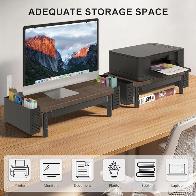 WALI Computer Monitor Stand with Storage and Pen Holder | 3 Height Adjustable Desk Organizer with Drawer, Desk Laptop Monitor Riser for Computer, Printer(PTT003-C), 1 Pack, Brown - Image 9