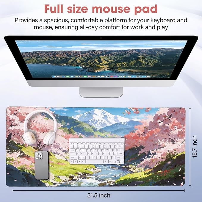 Cherry Blossom Anime Large Gaming Mouse Pad Waterproof Desk Mat | 31.5x15.7 Inch Non-Slip Rubber Base Stitched Edges - Image 2