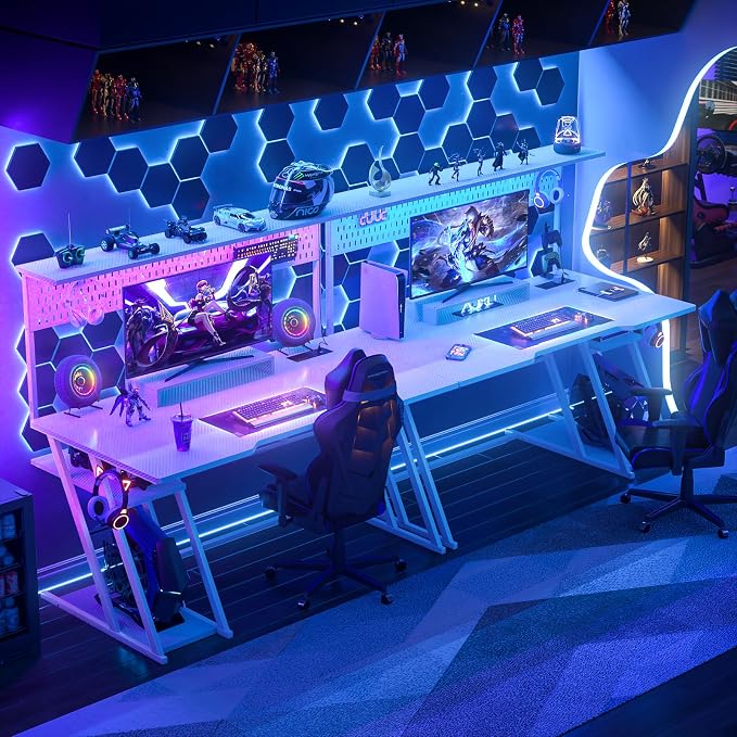 Armocity 53'' White Gaming Desk with Hutch and LED Lights, Gaming Computer Desk with Storage Shelves & Z-Shaped Legs, Reversible PC Game Desk with Pegboard for Bedroom, Carbon Fiber Surface - Image 7