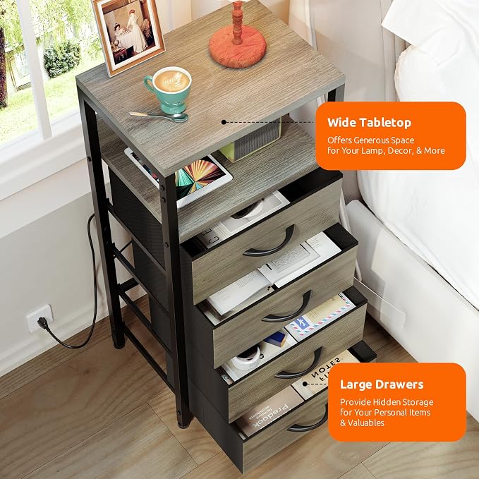 Lazzanto Night Stand with Charger Station, 4 Fabric Drawers, Grey - Image 8