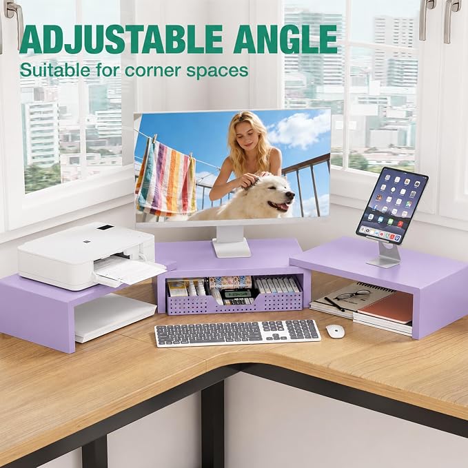 OPNICE Dual Computer Monitor Stand Riser, Desk Organizer with Drawer, Office Desk Accessories & Workspace Organizers for Home Office Supplies, Purple - Image 5