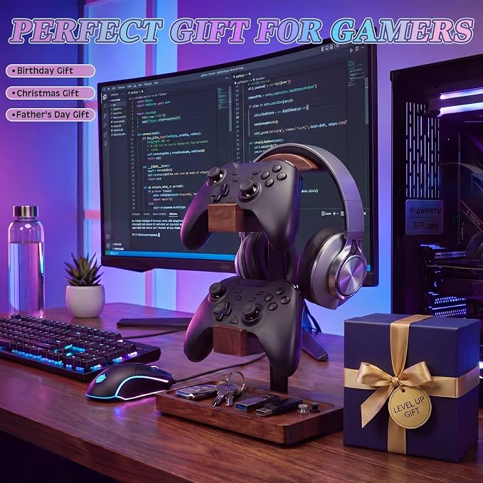 Headphone Stand with Controller Holder, Gaming Headset Stand for Desk, Walnut Headphone Holder Desk Organizer Gaming Accessories Gift for Gamers (Light Walnut) - Image 7