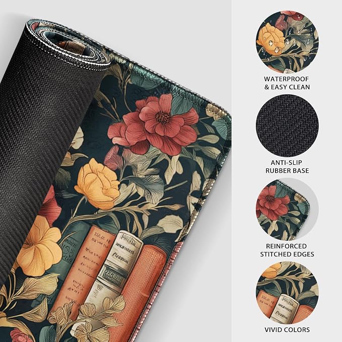 Vintage Library Floral Gaming Mouse Pad Desk Mat 31.5"x15.7" | Extended Mousepad, Non-Slip Rubber Base , Stitched Edges, for Computer/Laptop/Office/Home - Image 6