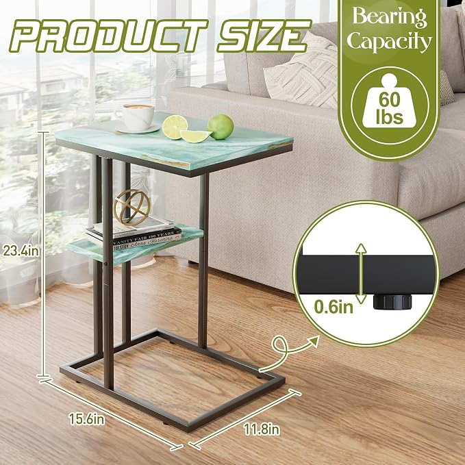 C Shaped Side Table, Couch End Table for Small Space, Blue&Green - Image 2
