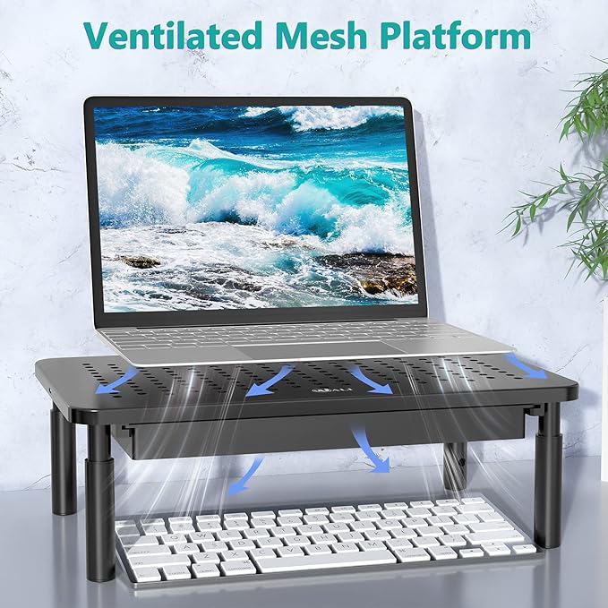 WALI Computer Monitor Stand with Storage, Desk Monitor Riser 3 Height Adjustable, Laptop Riser with Airflow Vents, Desk Organizer for Computer, Laptop, Printer, Notebook (STT003D-B), 1 Pack, Black | 3 Height Adjustable Laptop Monitor Riser with Airflow... - Image 5