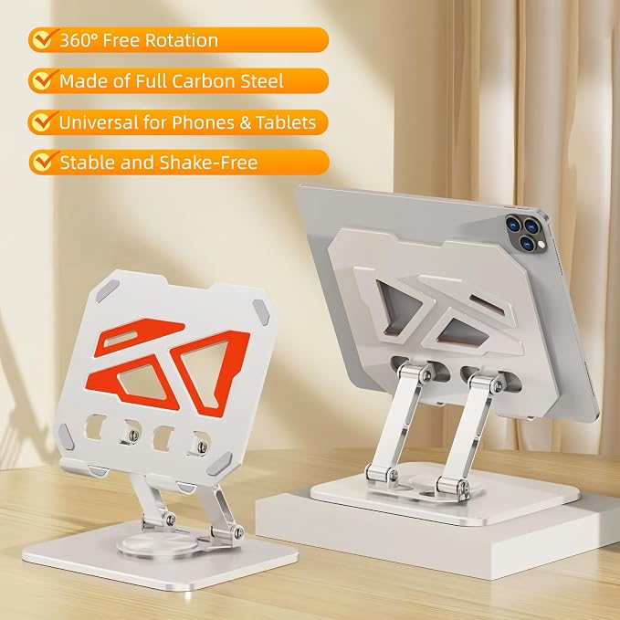 360° Rotatable & Adjustable Metal Tablet Stand for Desk, Foldable & Portable Tablet Holder, Compatible with iPad Pro/Air, iPhone & Switch, Universal Use for Office/Movie/Drawing/Gaming, White - Image 2