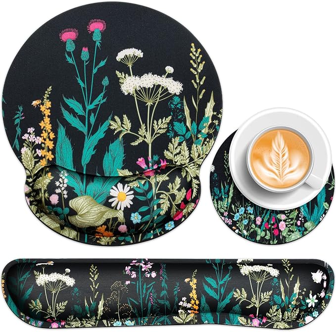Mouse Pad with Wrist Rest Set, 3-in-1 Wrist Support Mouse Pad Set, Floral by QOMOLAMA