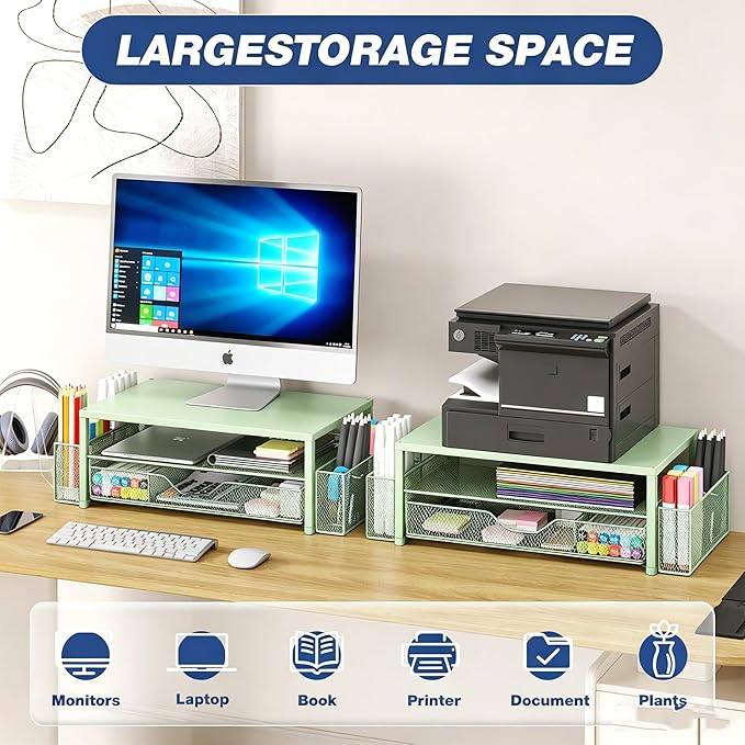 OPNICE Desk Organizers and Accessories, Computer Monitor Stand Riser with Drawer and 2 Pen Holders, Printer & Laptop Stand, Office Desk Accessories & Workspace Organizers for Home Office Supplies, Green - Image 5