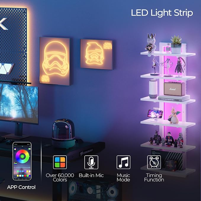 LED Wall Mounted Display Shelf with RGB Lights, 6-Tier Vertical Wall Shelf for Gaming Room, Bedroom and Living Room, Floating Shelves for Collectibles and Decor, 15"W x 5.5"D x 43.3"H, White - Image 4