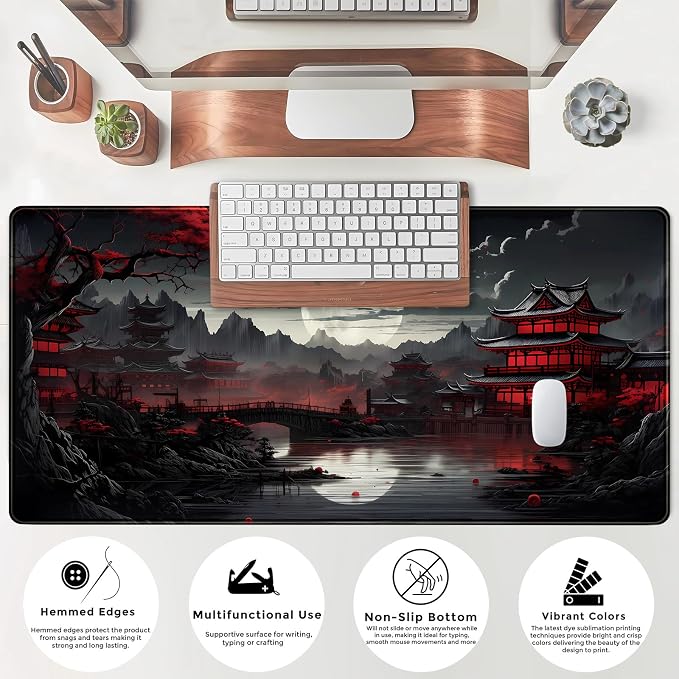 Japanese Desk Mat Riverside Full Moon Desk Pad Black Red Large Mouse Pad Gaming Mousepad Extended XXL Keyboard Pad 31.5 x 15.7 in Laptop Computer Mouse Keyboard Mat for Office Desk Decor - Image 7
