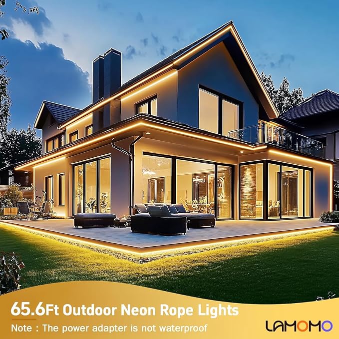 Lamomo Neon Rope Light, 24V Warm White Dimmable Rope Lights, 65.6ft Waterproof Flexible LED Strip Lights, Silicone 3000K Neon LED Strip for Bedroom Indoor Outdoor Decor - Image 4