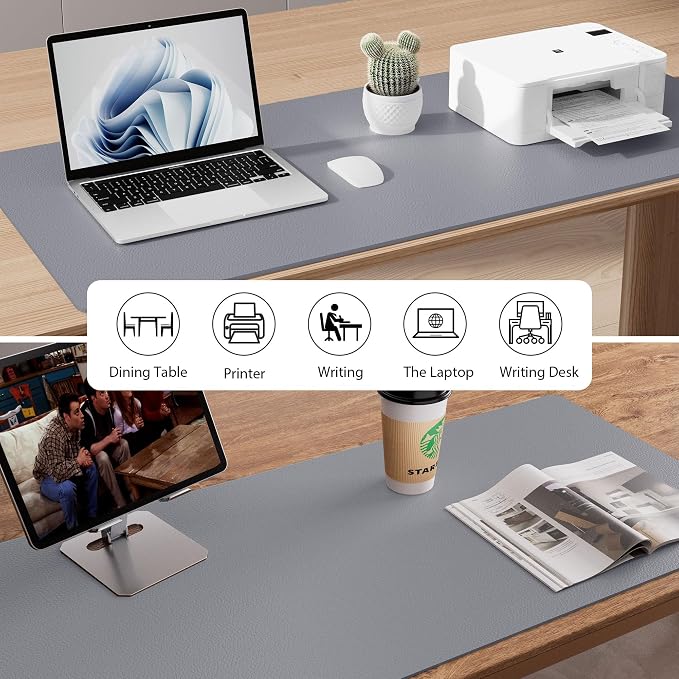 Aothia Leather Desk Pad Protector, Mouse Pad, Office Desk Mat, Non-Slip PU Leather Desk Blotter, Laptop Desk Pad, Waterproof Desk Writing Pad for Office and Home (36" x 17", Light Grey) - Image 5