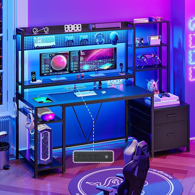 65-inch Gaming Desk with Power Outlets,LED Lights, 4 Storage Shelves,Home Office Desk with Monitor Shelf, Pegboard 8 Hooks Mouse Pad, 2 Drawers, 2 Side Hooks, Black by Unknown