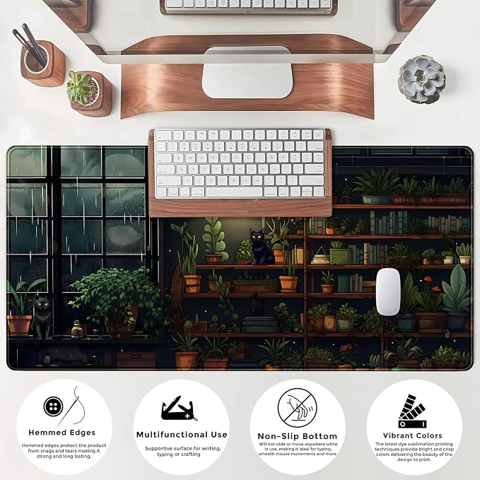 Lofi Cat Desk Mat Dark Green Plant Books Desk Pad Black Cat Aesthetic Anime Big Mouse Pad Large Gaming Mousepad XL Cool Keyboard Pad Deskmat Laptop Computer Mouse Mat 31.5X 15.7in - Image 7