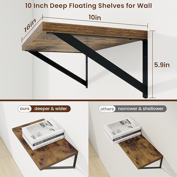 Axeman Deep Floating Shelves, 16'' x 10'' Brown Wall Shelves Set of 2 - Image 3