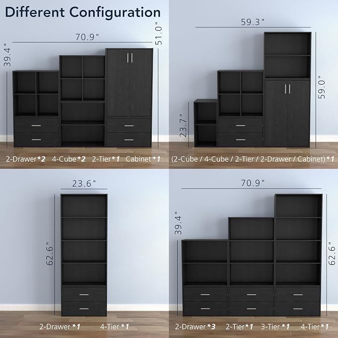 Homes: Inside + Out Apexa 3-Cube Storage Organizer Shelves, Stackable Wood Bookcase Fits Cubby Bins for Organization, Dorm Teen Room Decor & Home Office, Black - Image 10