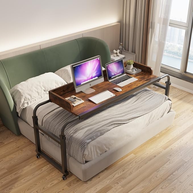 TigerDad Overbed Table with Wheels, Modern Style, Brown, 55.1-82.7x25.6x18.1 inches, 350lbs Weight Capacity by TigerDad