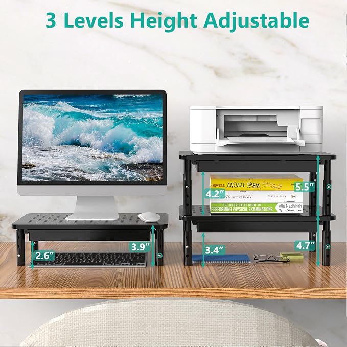 WALI Computer Monitor Stand with Storage, Desk Monitor Riser 3 Height Adjustable, Laptop Riser with Airflow Vents, Desk Organizer for Computer, Laptop, Printer, Notebook (STT003D-B), 1 Pack, Black | 3 Height Adjustable Laptop Monitor Riser with Airflow... - Image 6