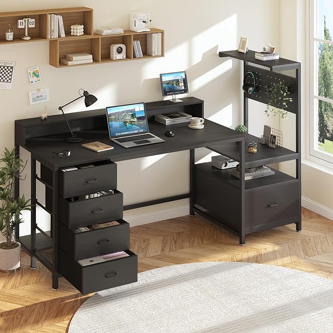 Gaming Desk with Storage Drawers, Computer Desk with Shelves & Charging Station, Corner Writing Table with Pegboard for Small Space, Home Office Desk, Black by Lazmvlz